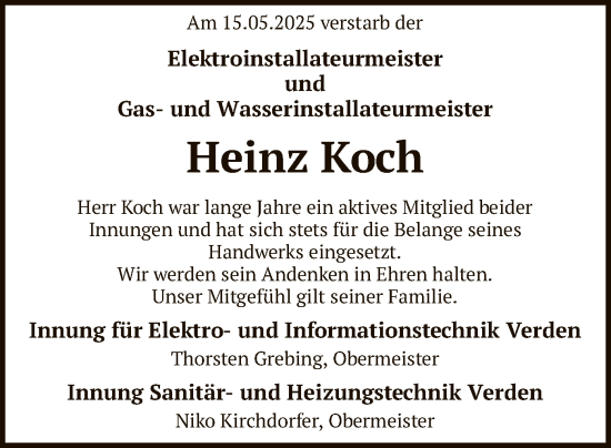 Todesanzeige von Heinz Koch von SYK