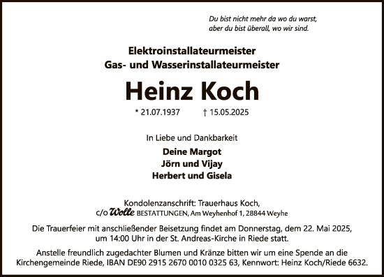 Todesanzeige von Heinz Koch von SYKSYK