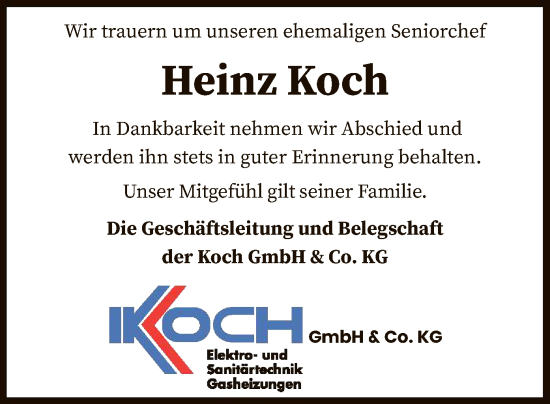 Todesanzeige von Heinz Koch von SYK