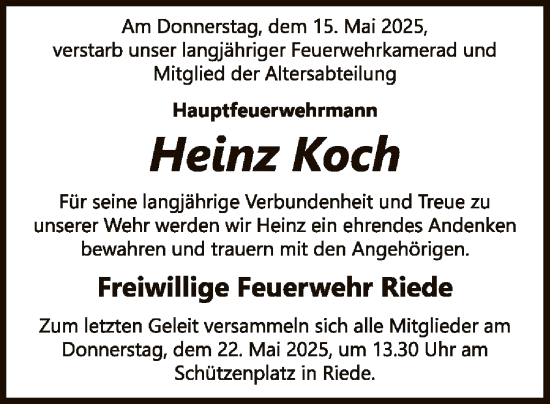 Todesanzeige von Heinz Koch von SYK