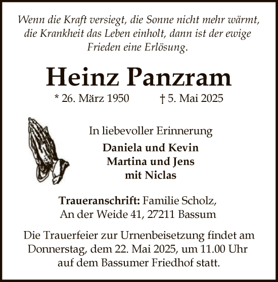 Todesanzeige von Heinz Panzram von SYK