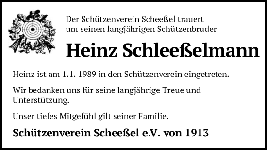 Todesanzeige von Heinz Schleeßelmann von SYKR