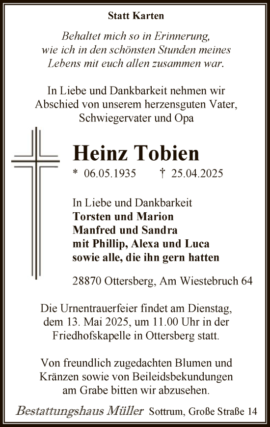 Todesanzeige von Heinz Tobien von SYK