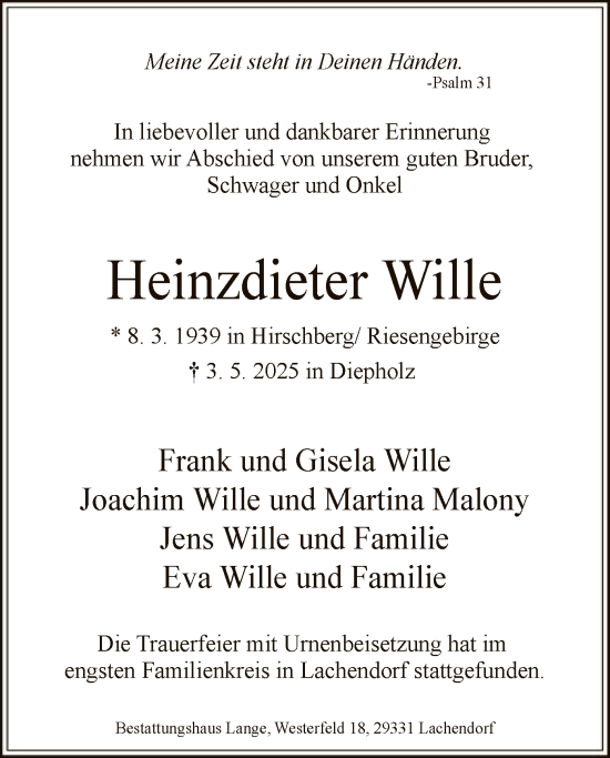 Todesanzeige von Heinzdieter Wille von SYKS