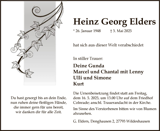 Todesanzeige von Heinz Georg Elders von SYK