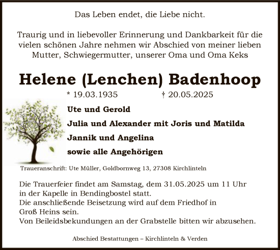 Todesanzeige von Helene Badenhoop von SYKS