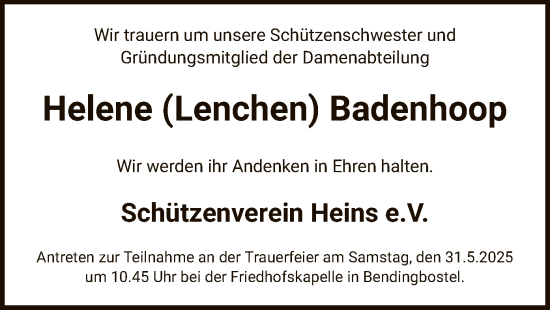 Todesanzeige von Helene Badenhoop von SYKS