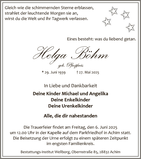 Todesanzeige von Helga Böhm von SYKS