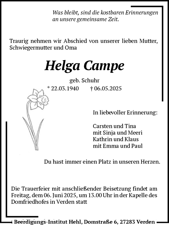 Todesanzeige von Helga Campe von SYKS