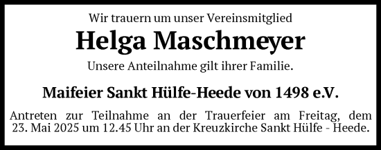 Todesanzeige von Helga Maschmeyer von SYKS