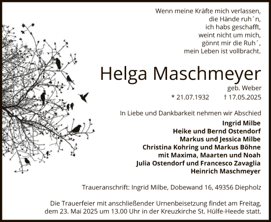 Todesanzeige von Helga Maschmeyer von SYK