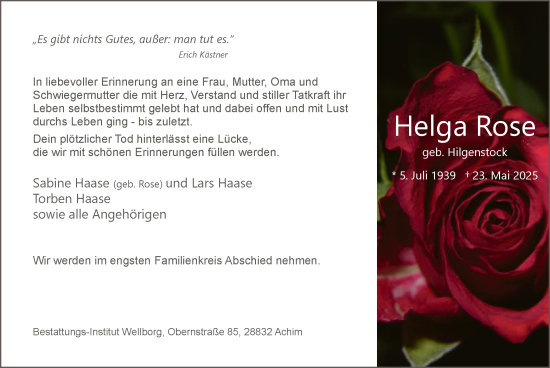 Todesanzeige von Helga Rose von SYKS
