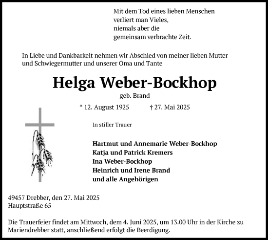Todesanzeige von Helga Weber-Bockhop von SYKS
