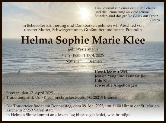 Todesanzeige von Helma Sophie Marie Klee von SYK