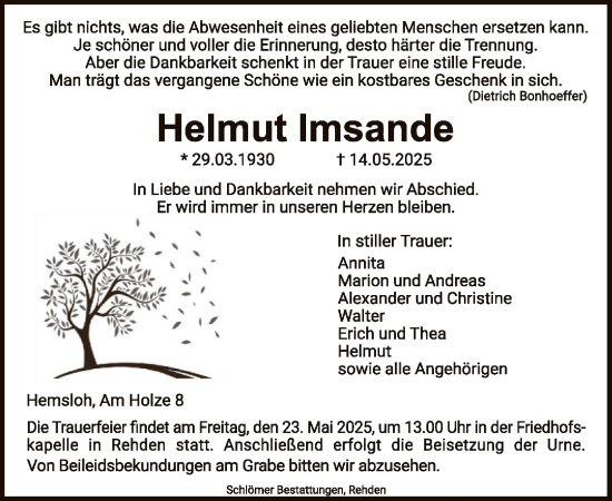 Todesanzeige von Helmut Imsande von SYK