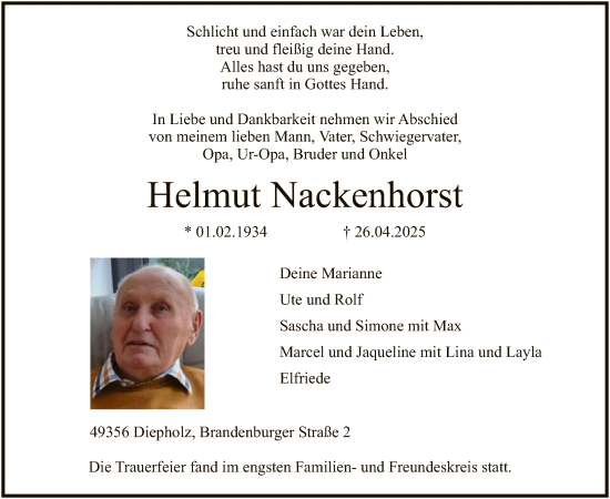 Todesanzeige von Helmut Nackenhorst von SYK