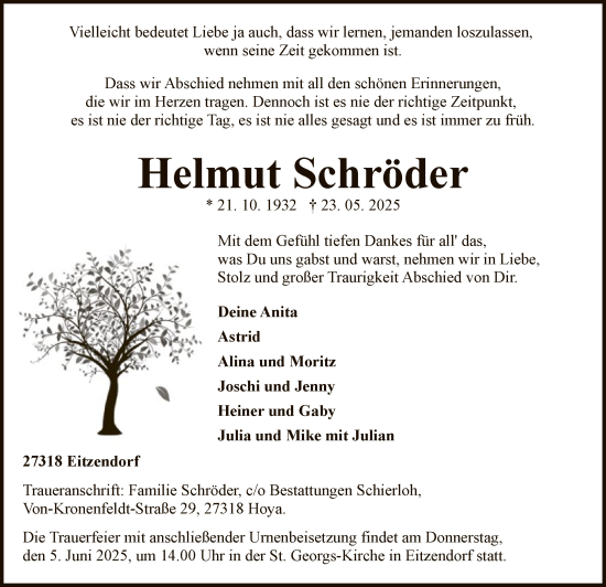 Todesanzeige von Helmut Schröder von SYKSSYKS