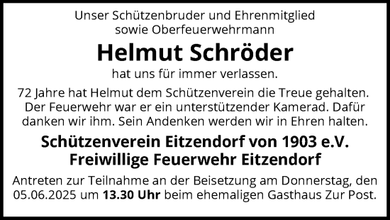 Todesanzeige von Helmut Schröder von SYKS