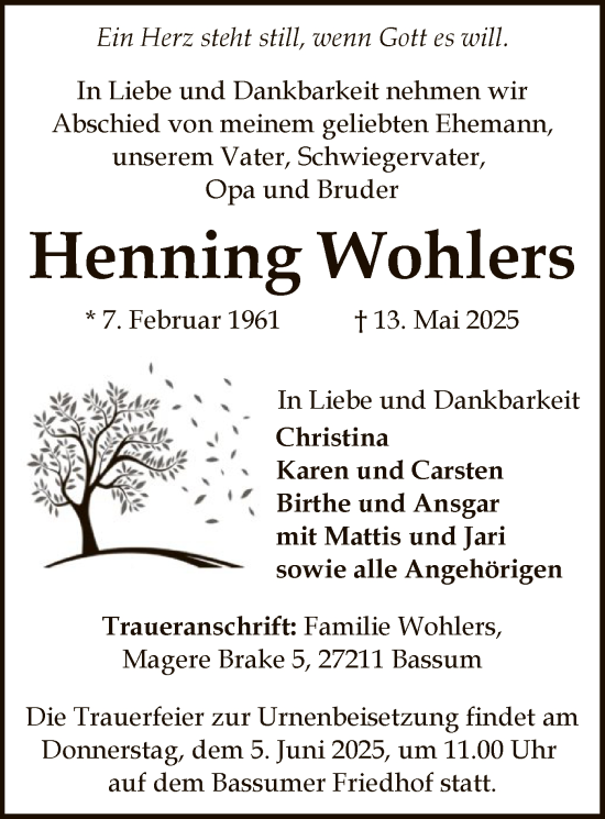 Todesanzeige von Henning Wohlers von SYK