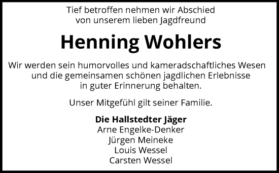 Todesanzeige von Henning Wohlers von SYK