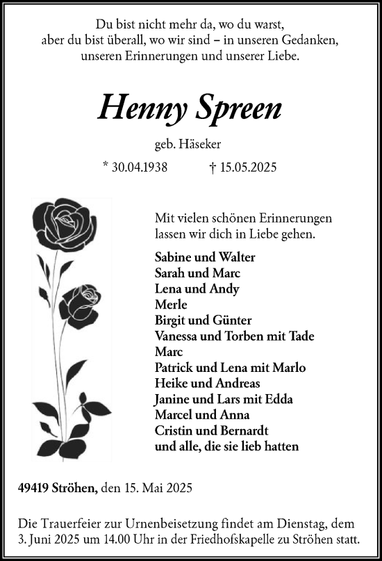 Todesanzeige von Henny Spreen von SYKS