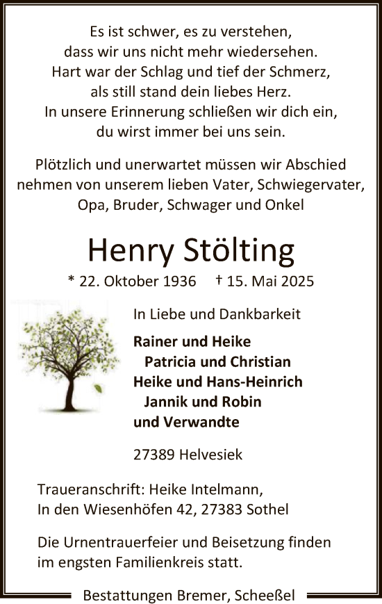 Todesanzeige von Henry Stölting von SYKR