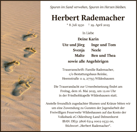 Todesanzeige von Herbert Rademacher von SYK