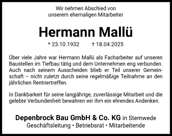 Todesanzeige von Hermann Mallü von SYK