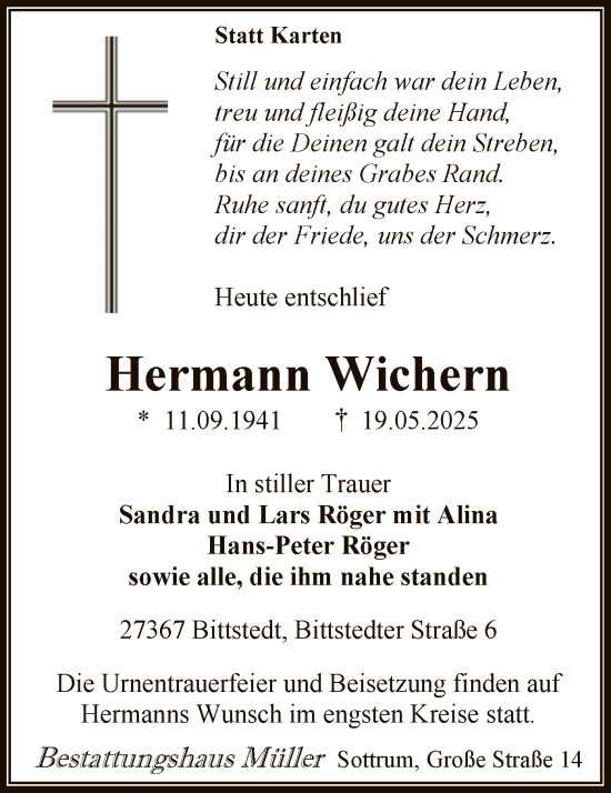 Todesanzeige von Hermann Wichern von SYKR