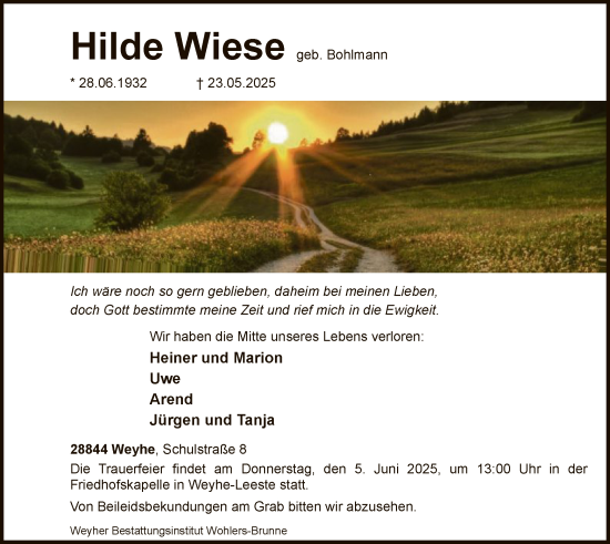 Todesanzeige von Hilde Wiese von SYKS