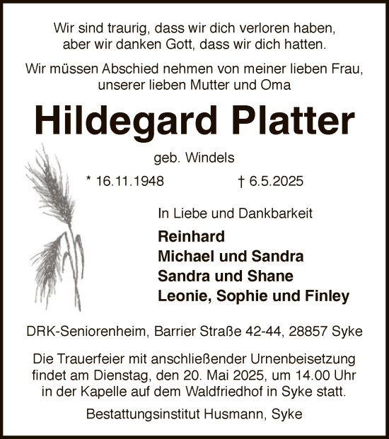 Todesanzeige von Hildegard Platter von SYK