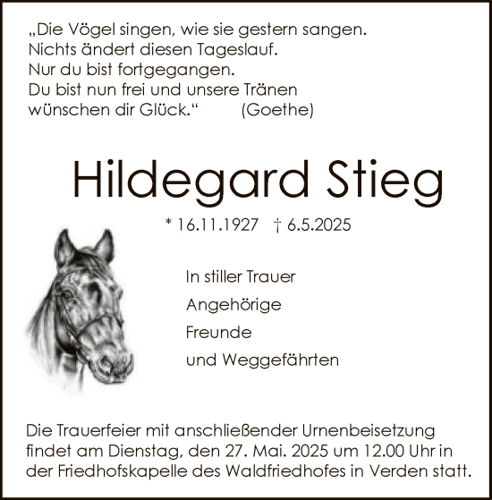 Todesanzeige von Hildegard Stieg von SYKS