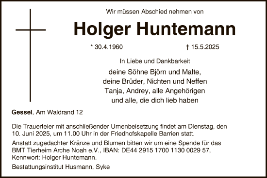 Todesanzeige von Holger Huntemann von SYKS