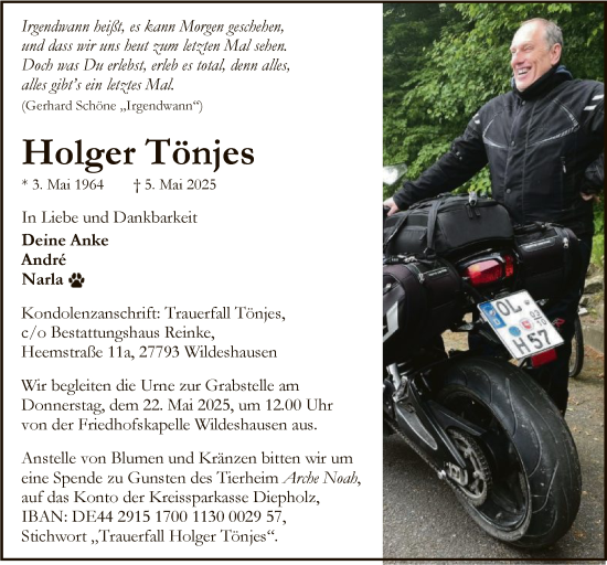 Todesanzeige von Holger Tönjes von SYK
