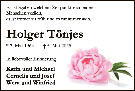 Todesanzeige von Holger Tönjes von SYK