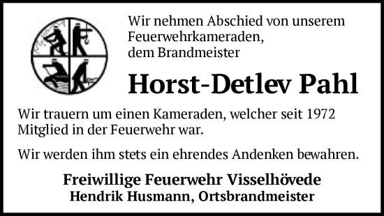 Todesanzeige von Horst-Detlev Pahl von SYKR