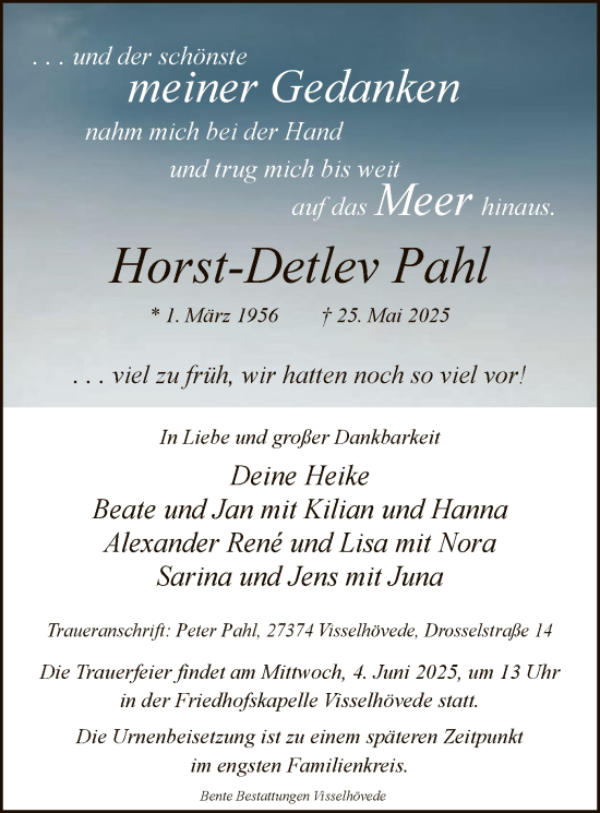 Todesanzeige von Horst-Detlev Pahl von SYKR