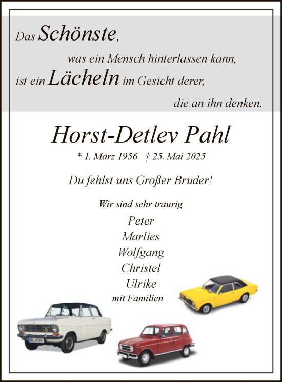Todesanzeige von Horst-Detlev Pahl von SYKR