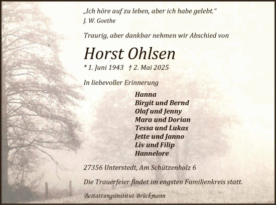 Todesanzeige von Horst Ohlsen von SYK
