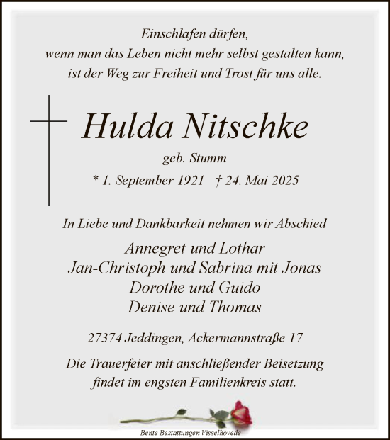 Todesanzeige von Hulda Nitschke von SYKR