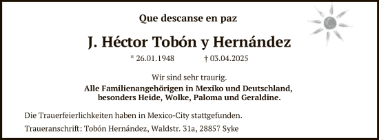 Todesanzeige von Héctor Tobón y Hernández von SYK