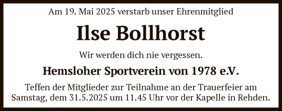 Todesanzeige von Ilse Bollhorst von SYKS