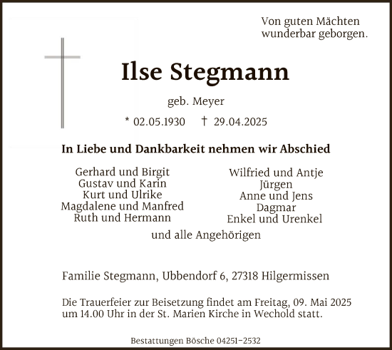 Todesanzeige von Ilse Stegmann von SYKSYK