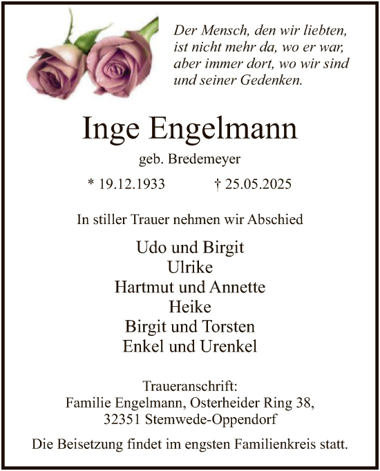 Todesanzeige von Inge Engelmann von SYKS