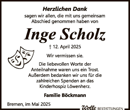 Todesanzeige von Inge Scholz von SYKS