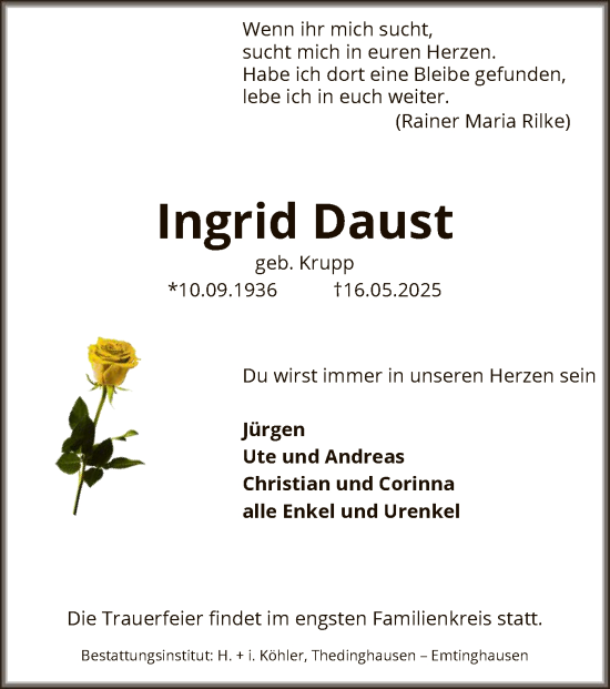 Todesanzeige von Ingrid Daust von SYKS