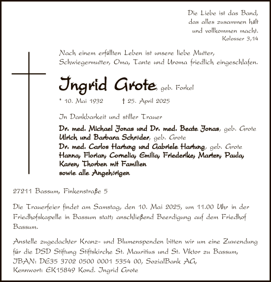 Todesanzeige von Ingrid Grote von SYK
