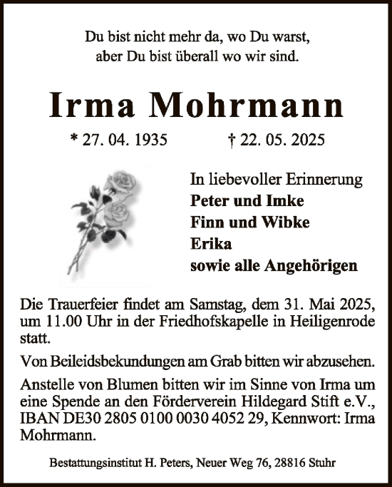 Todesanzeige von Irma Mohrmann von SYKS
