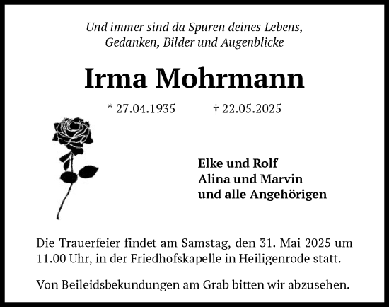 Todesanzeige von Irma Mohrmann von SYKS