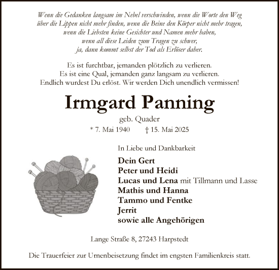 Todesanzeige von Irmgard Panning von SYKS